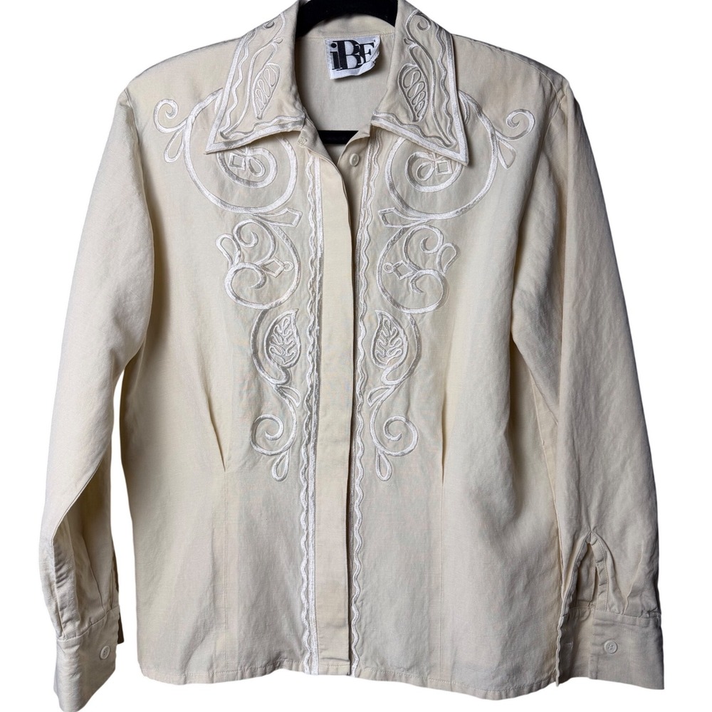 iBE Vintage Silk Linen Embroidered Button Down Shirt Cream Ivory Soutache S 80s